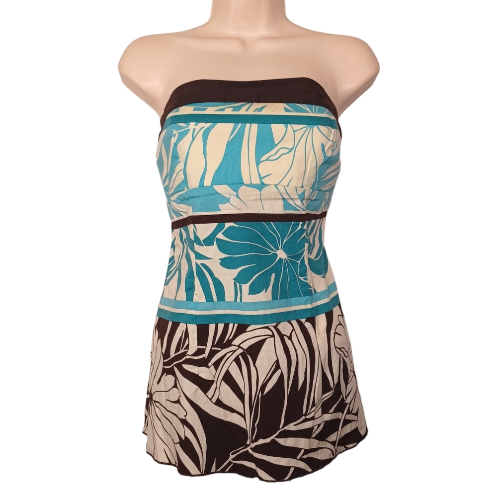 STUDIO Y Blue Brown Tropical Floral Print Strapless Cream Bandeau Top M